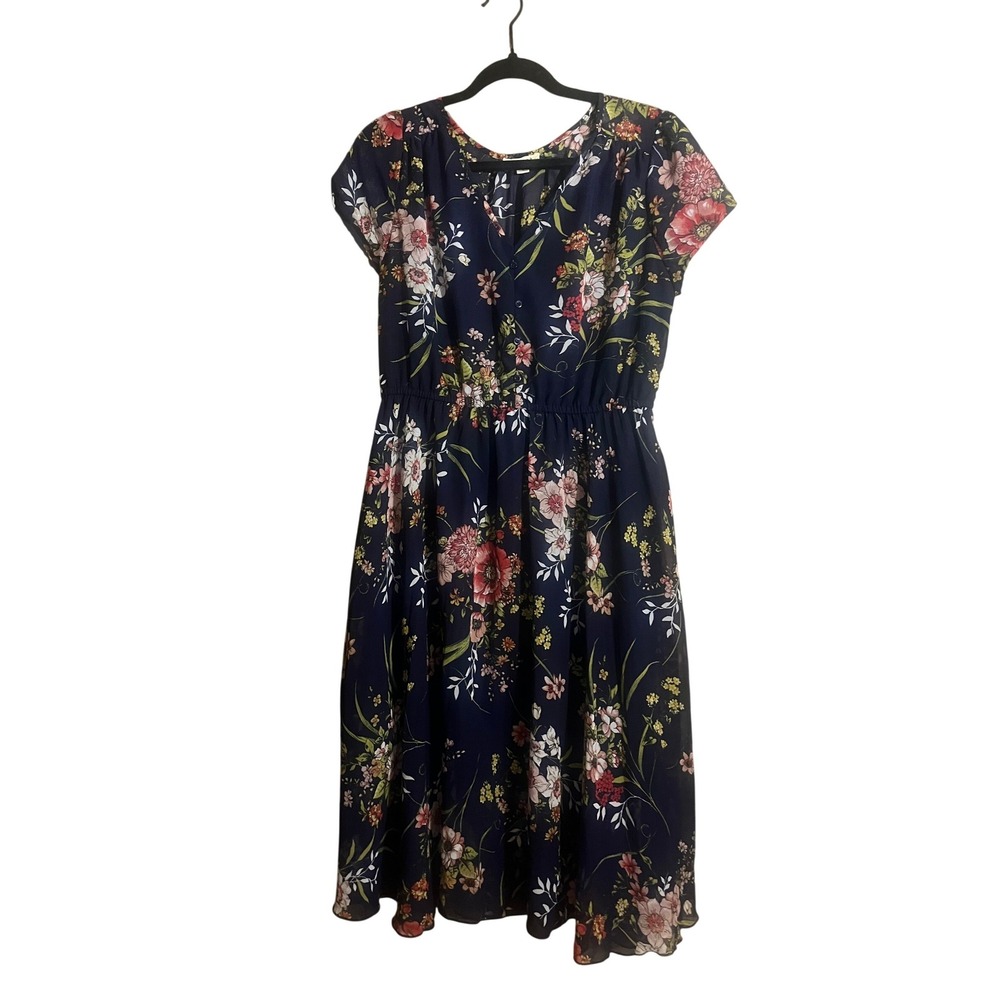 Indigo Rose Navy Floral Chiffon Midi Dress Short Sleeve Elastic Waist Large - Picture 4 of 4